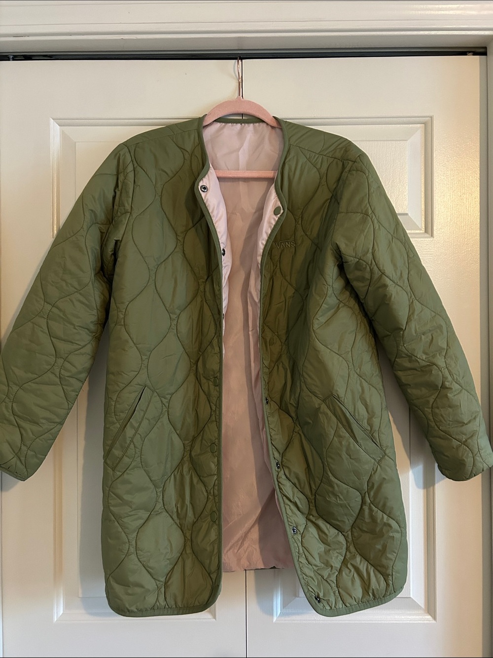 VANS Quilted Olive Green Long Liner Reversible Jacket, Women’s Size Large